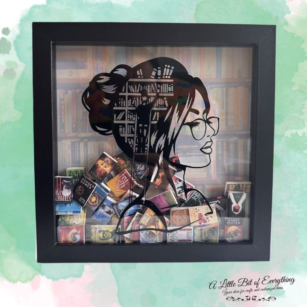 Booklover Shadow Box 8“ x 8“ filled with 48 mini books